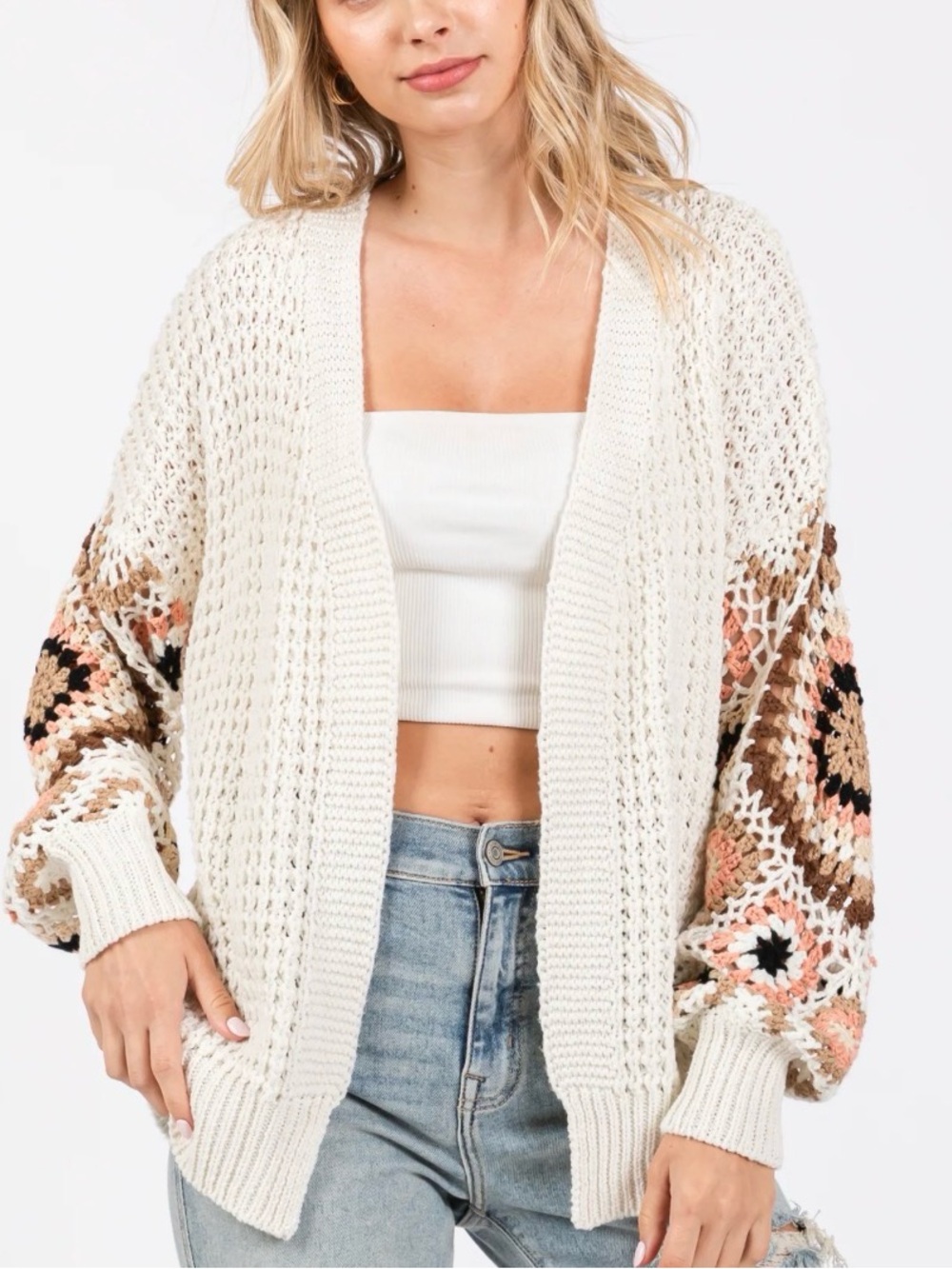 ADORA Cream Open-Knit Cardigan with Multicolor Crochet Sleeves